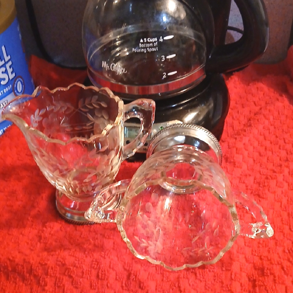 Vintage Cambridge Crystal Glass Sugar & Creamer W/Sterling Silver Base